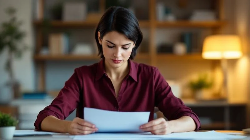 Frau am Schreibtisch mit Foerderunterlagen und Laptop in einem hellen Buero in Hessen