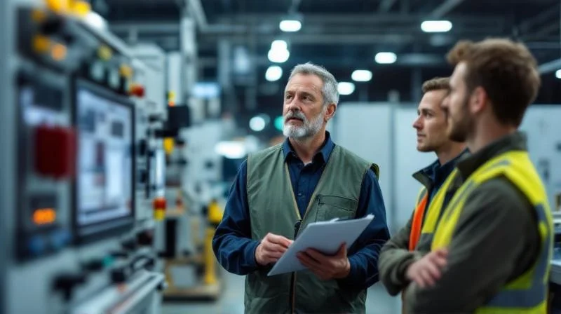 Kasseler Ausbilder in einer Werkshalle eines Energietechnik-Unternehmens unterweist Auszubildende