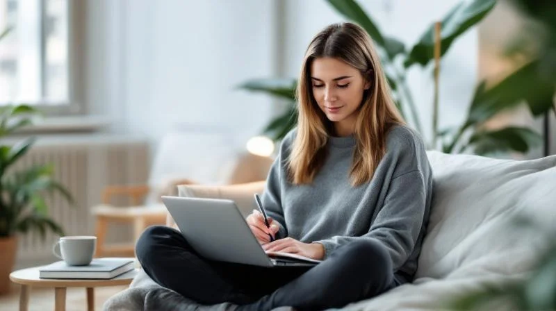 Person lernt am Laptop in einem hellen modernen Kasseler Wohnzimmer