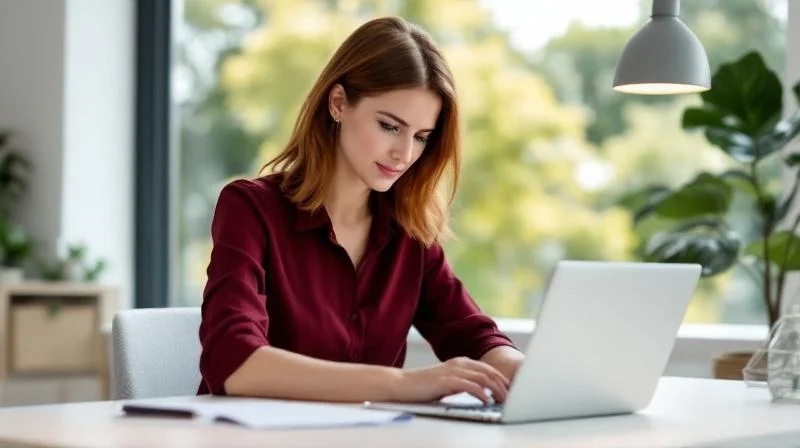 Frau mit Notizbuch am Laptop in einem hellen modernen Arbeitsraum in Kassel