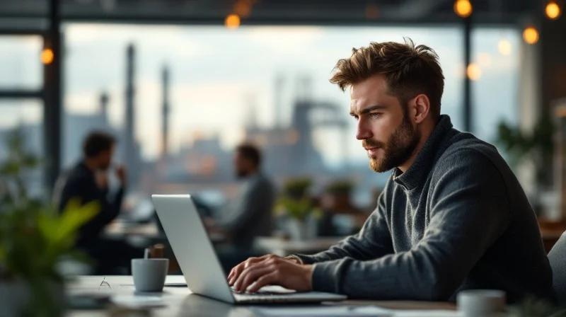 Kasseler Angestellter im Coworking-Space mit Laptop, im Hintergrund Industrie- und Logistikkulisse