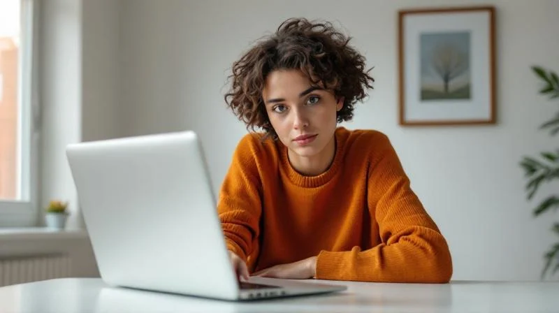 Junge Frau arbeitet konzentriert an einem Laptop in einem hellen modernen Arbeitsraum in Kassel