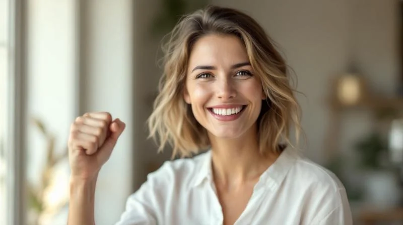 Frau haelt stolz ein IHK-Zertifikat in einem hellen Kasseler Buero