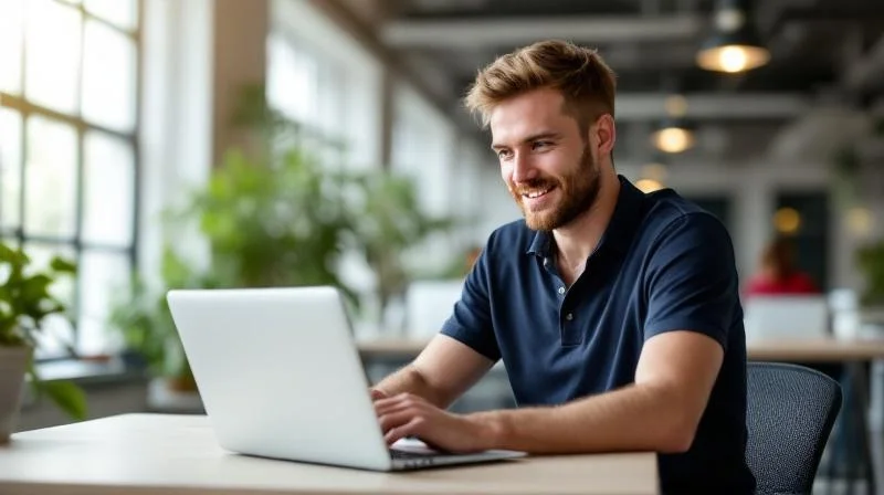 Mann mit Laptop in einem modernen Co-Working-Space mit Blick auf die Kasseler Innenstadt