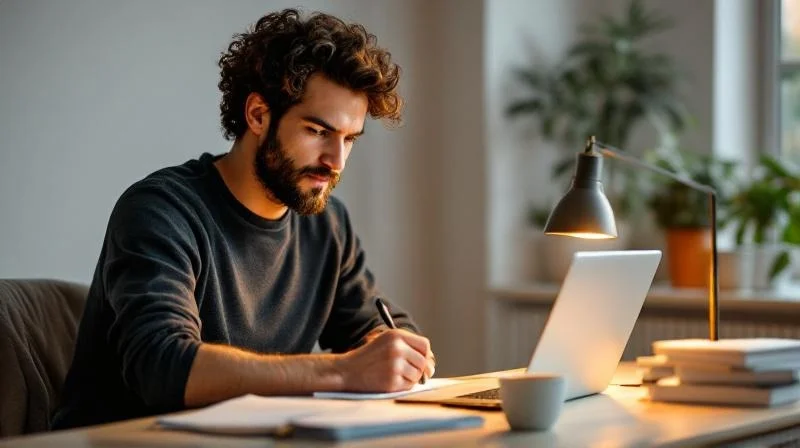 Mann lernt am Schreibtisch in einem hellen Zimmer in Kassel